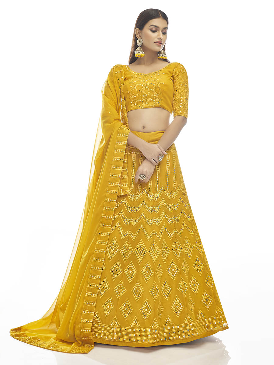 Myra Musturd Georgette Embroidered Designer Lehenga | Grocsy