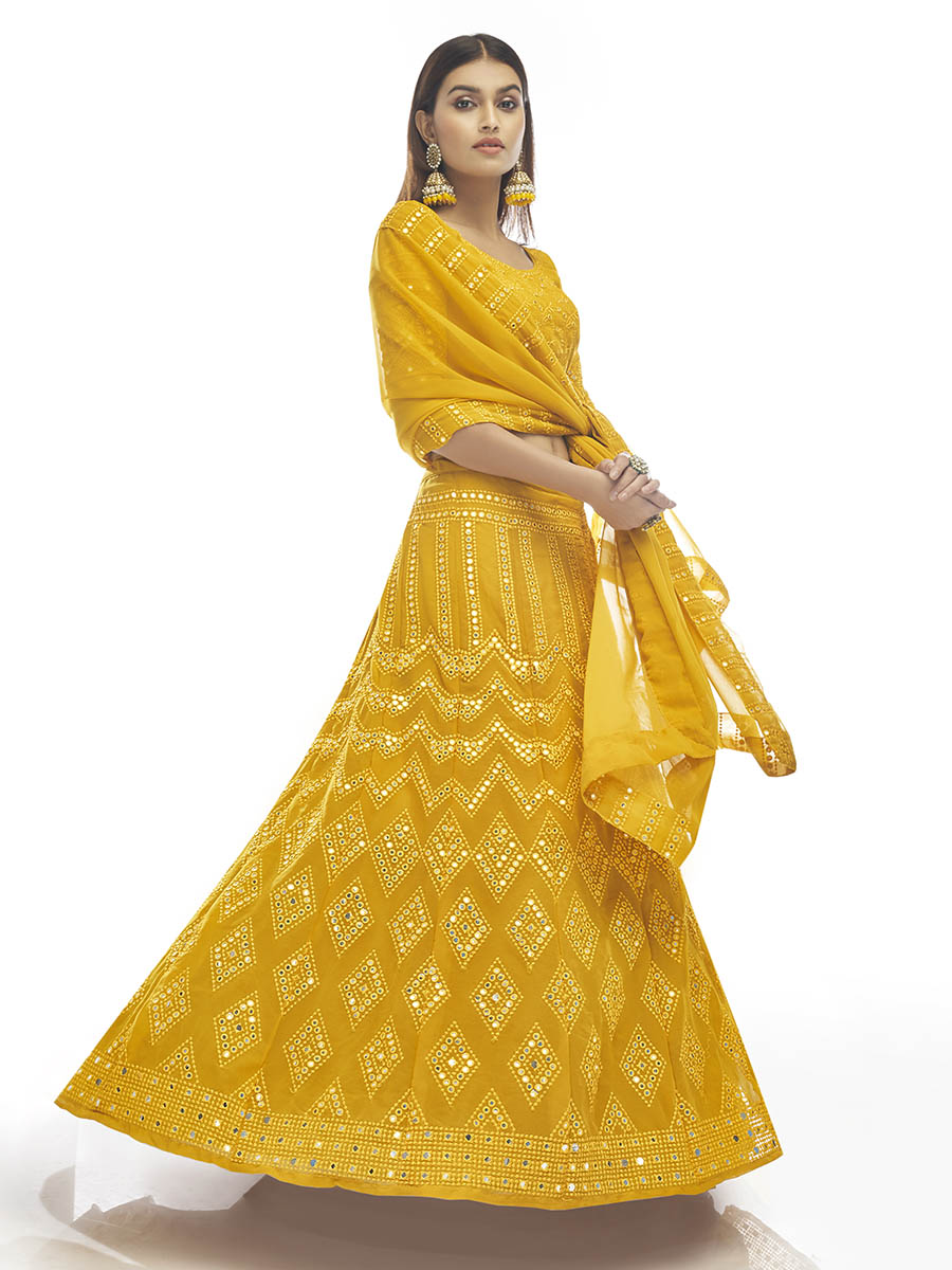 Myra Musturd Georgette Embroidered Designer Lehenga | Grocsy