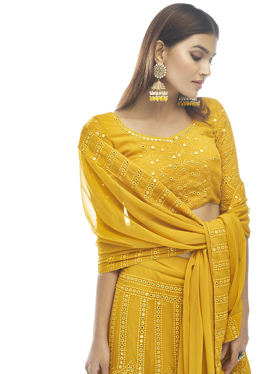 Myra Musturd Georgette Embroidered Designer Lehenga | Grocsy