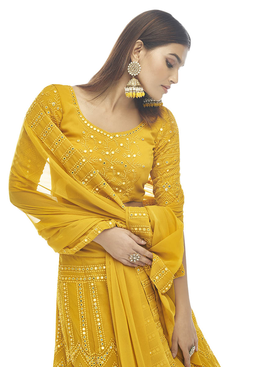 Myra Musturd Georgette Embroidered Designer Lehenga | Grocsy