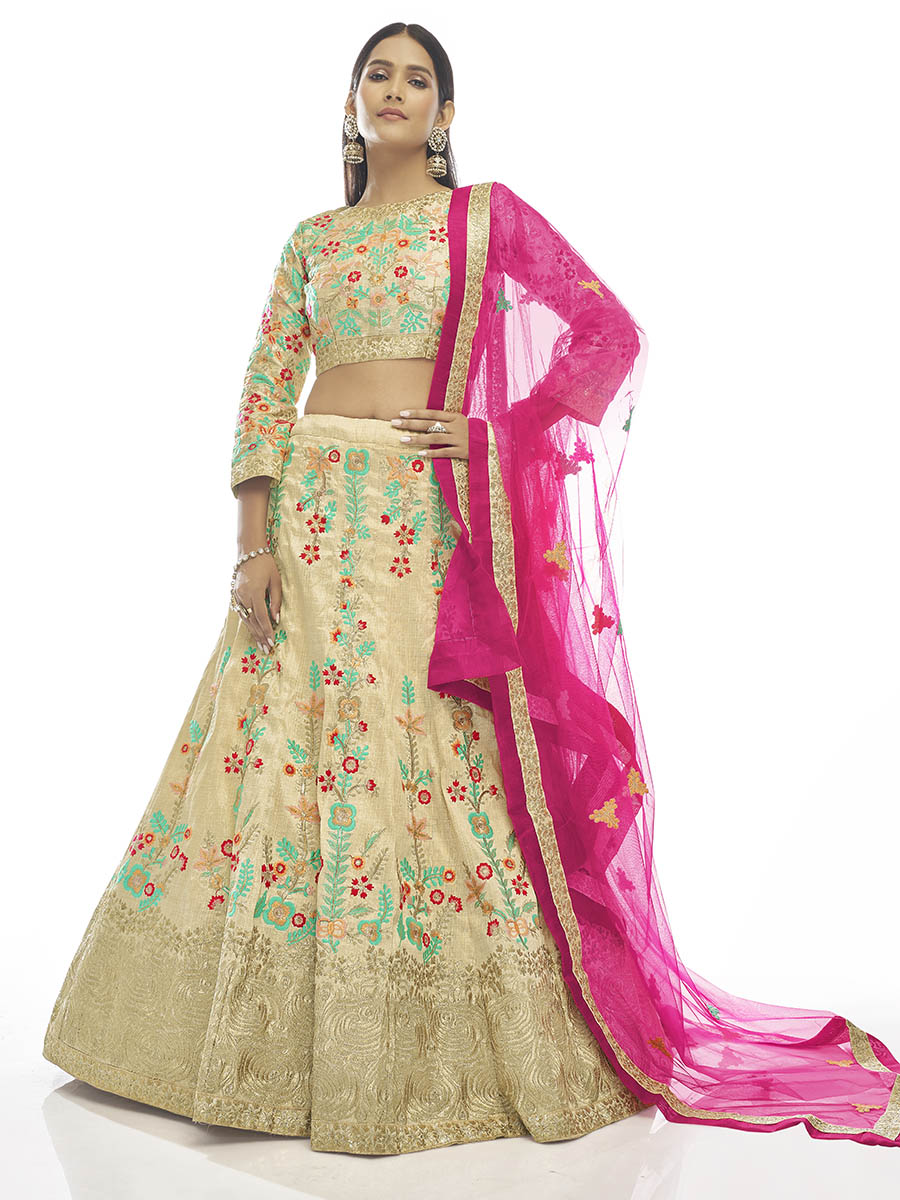 Myra Cream Art Silk Embroidered Designer Lehenga | Grocsy