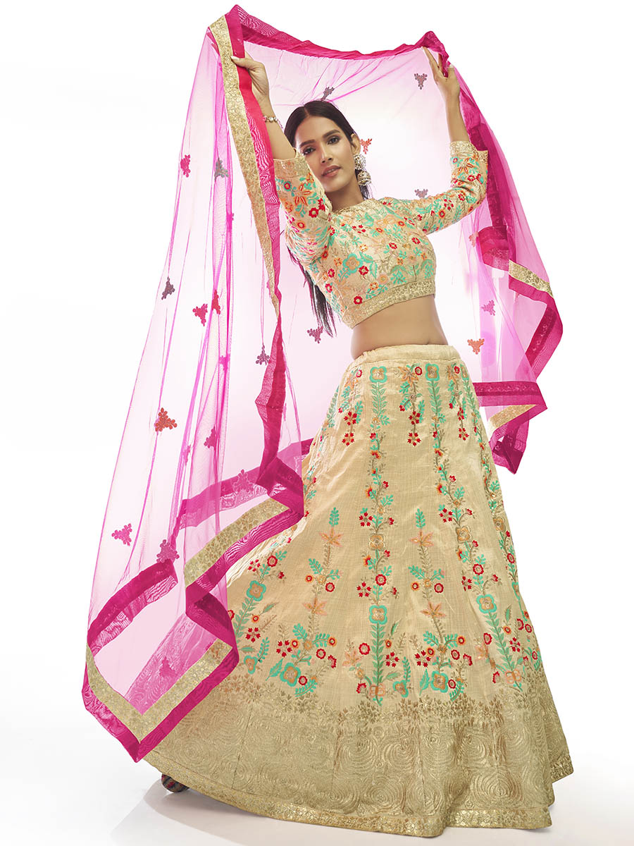 Myra Cream Art Silk Embroidered Designer Lehenga | Grocsy