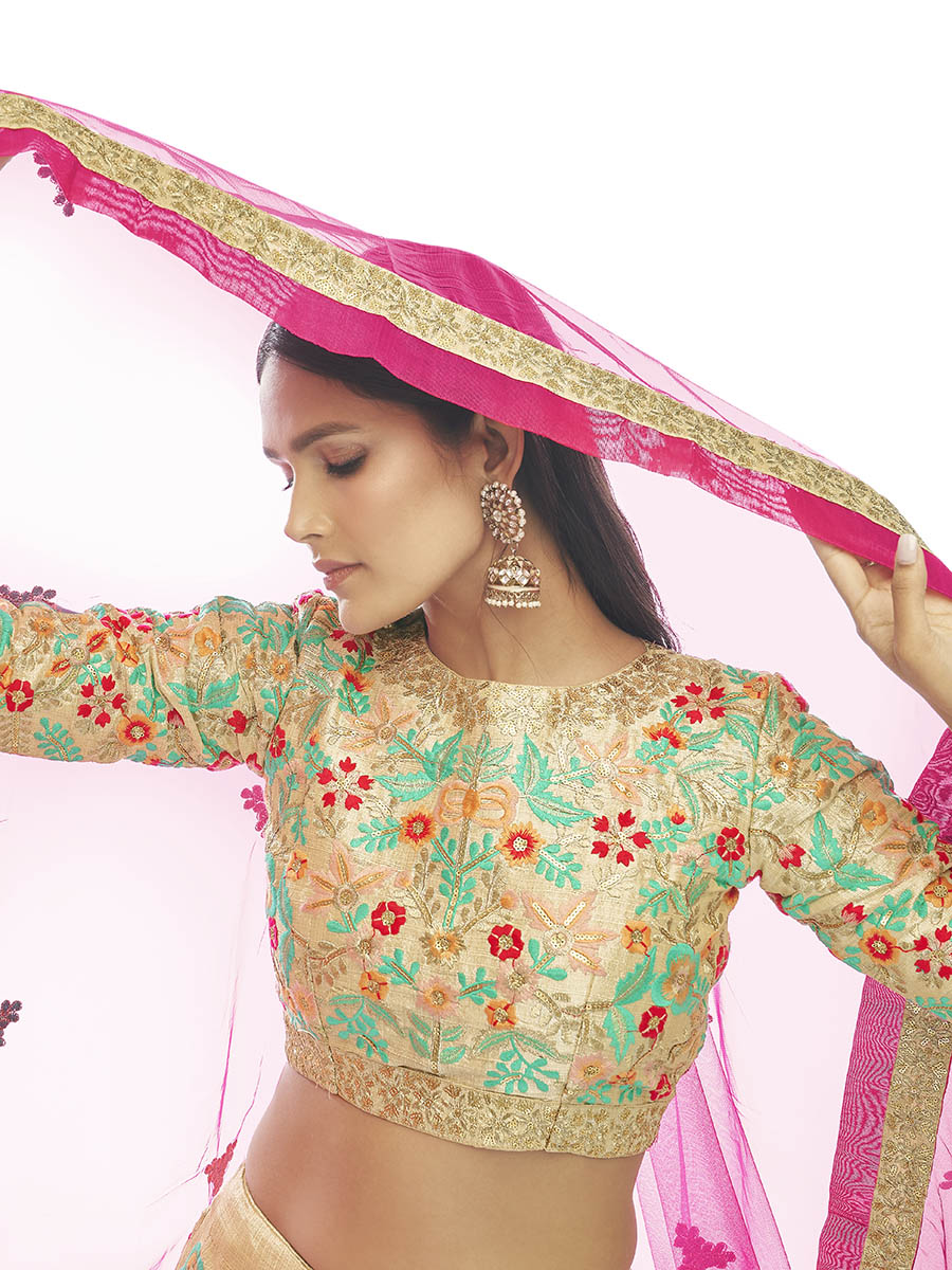 Myra Cream Art Silk Embroidered Designer Lehenga | Grocsy