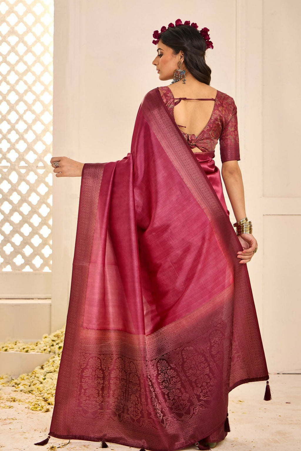 Joban Fashion Satin Silk With Zari Border Pink Colored Designer Pallu Saree | Grocsy