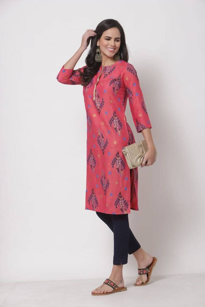 Myshka Women's Pink Printed 3/4 Sleeve Rayon Round Neck Casual Kurta | Grocsy