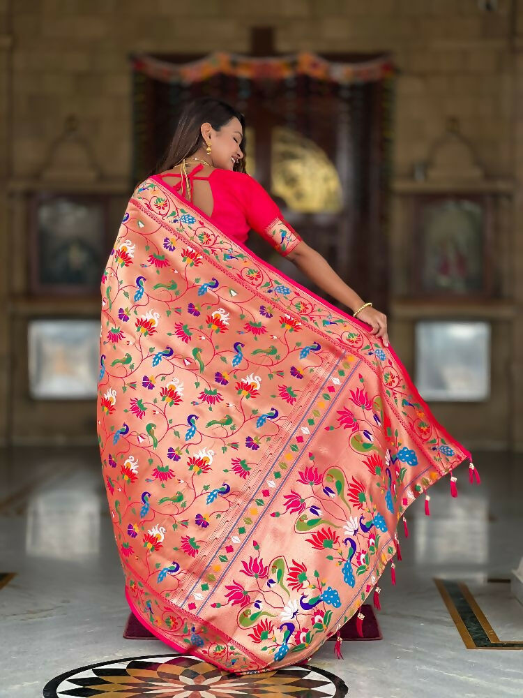 PR Fashion Pink Oft Kanjivaram Paithani Silk With Zari Weaving Meenakari Design Saree | Grocsy