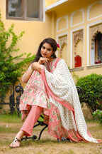 Yufta Pink Printed Tiered Kurta with Trouser and Dupatta | Grocsy