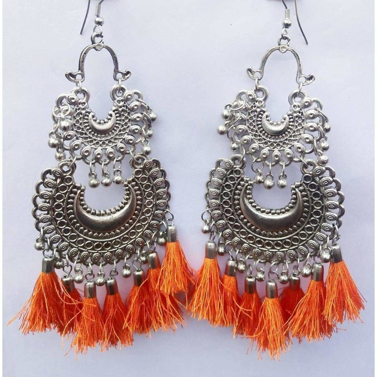 MS Fashion India Orange Silk Threads Double Chandbali Long Afghani Earrings | Grocsy