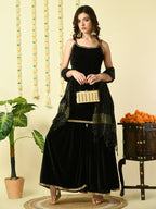 Myshka Women's Black Velvet Kurti & Sharara With Dupatta Party Sets | Grocsy