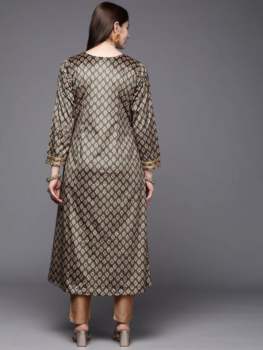 Ahalyaa Women Green & Cream-Coloured Floral Printed Velvet Kurta | Grocsy