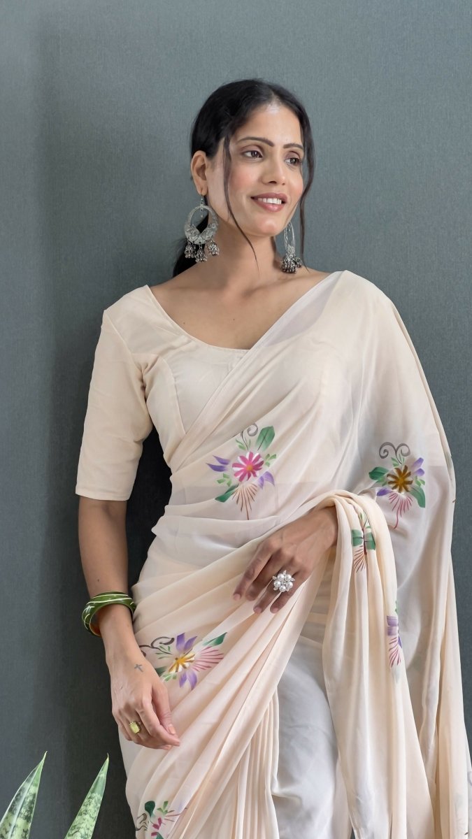 Aayaa Designer 1 min Hand Painted Ready to Wear saree - Off White | Grocsy
