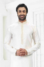 Raivat Ethnic Linen Cotton Thread Work Kurta Pajama In Cream Colour | Grocsy
