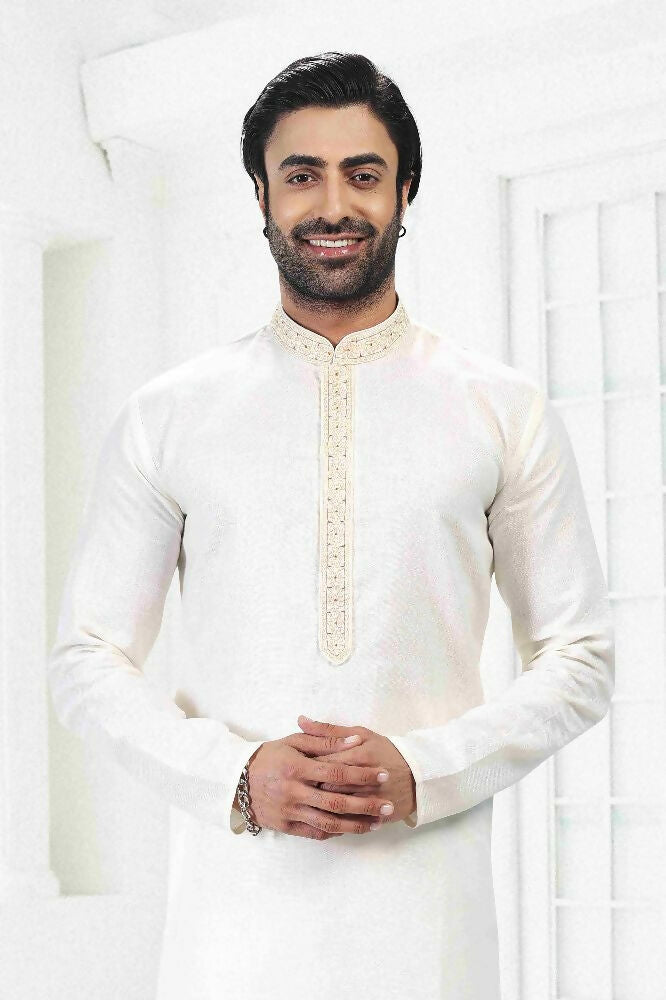 Raivat Ethnic Linen Cotton Thread Work Kurta Pajama In Cream Colour | Grocsy