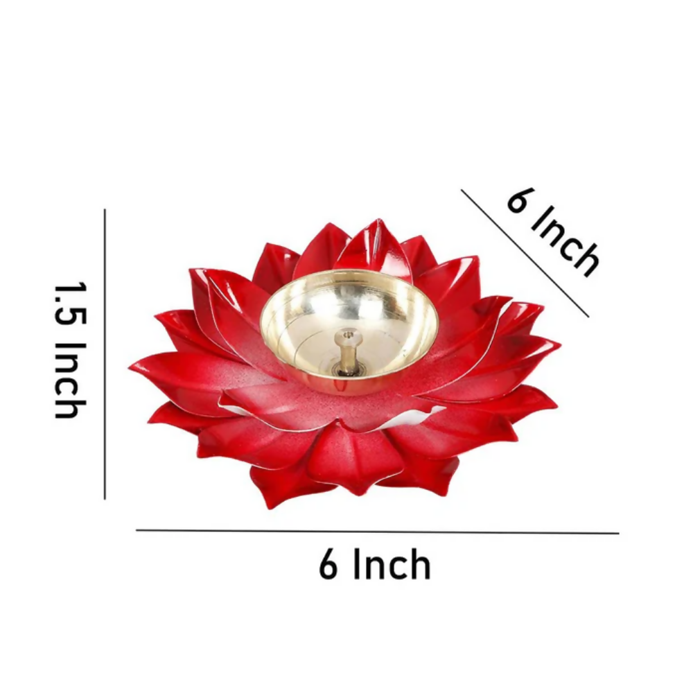 CraftVatika Kamal Diya Deepak Lotus Brass Diyas Oil Lamp - Red | Grocsy