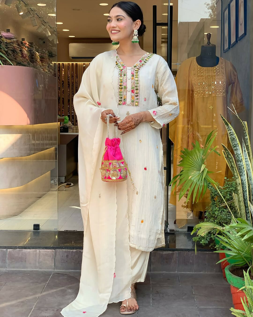 The52 Off White Women's Gorgeous Chinon Fabric Embroidered Work Straight Kurta Pant and Dupatta Set | Grocsy