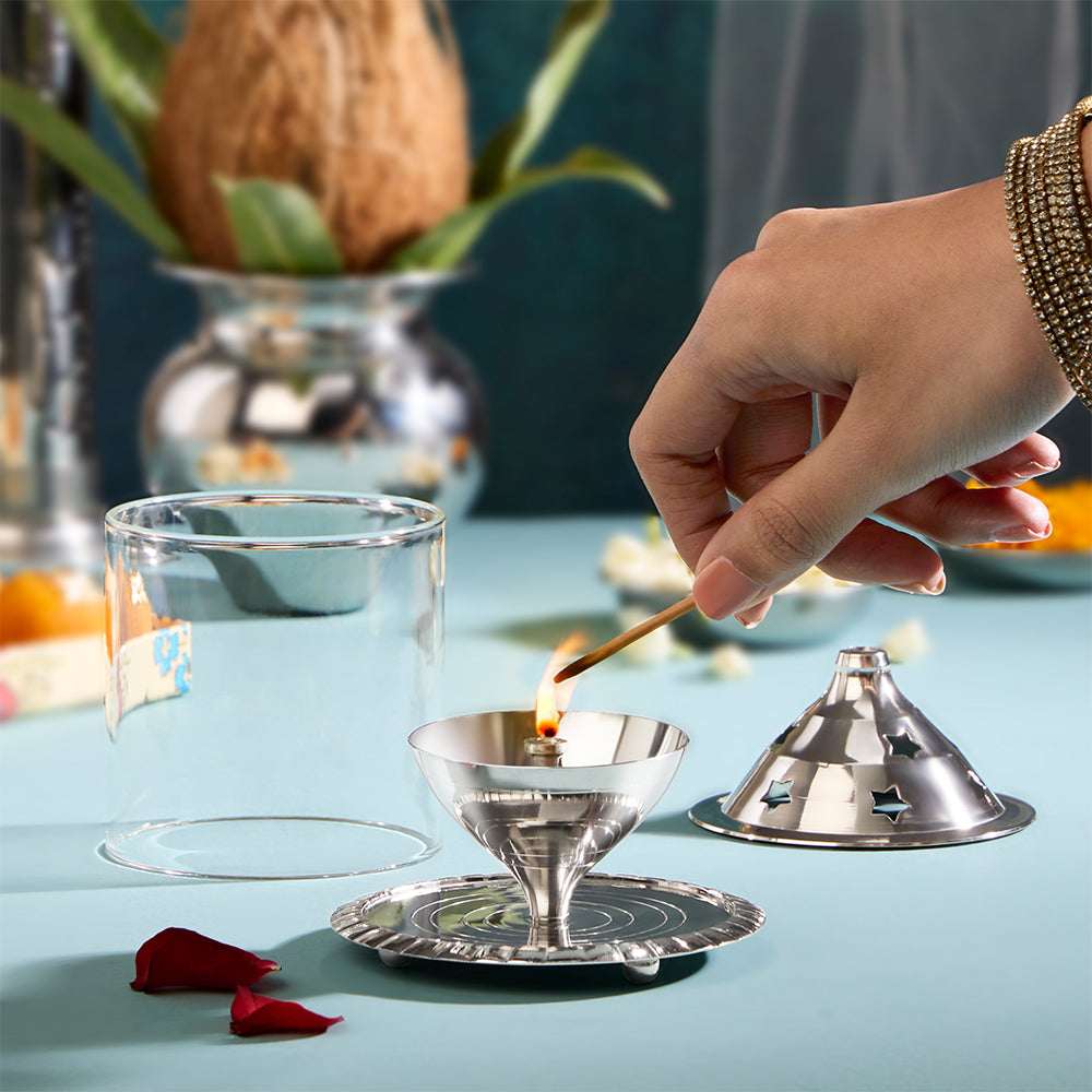 My Borosil Akhand Diya, Nickel, Medium | Grocsy