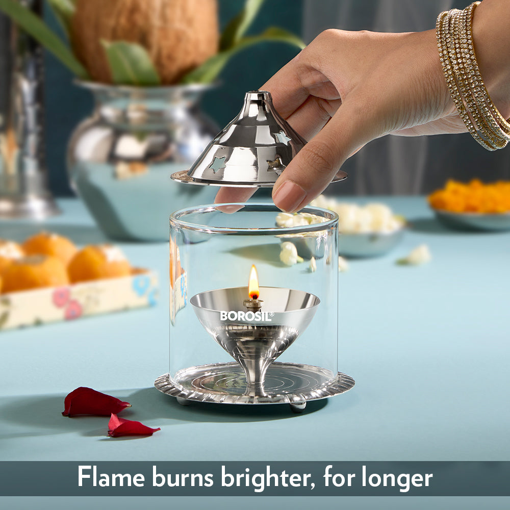 My Borosil Akhand Diya, Nickel, Medium | Grocsy