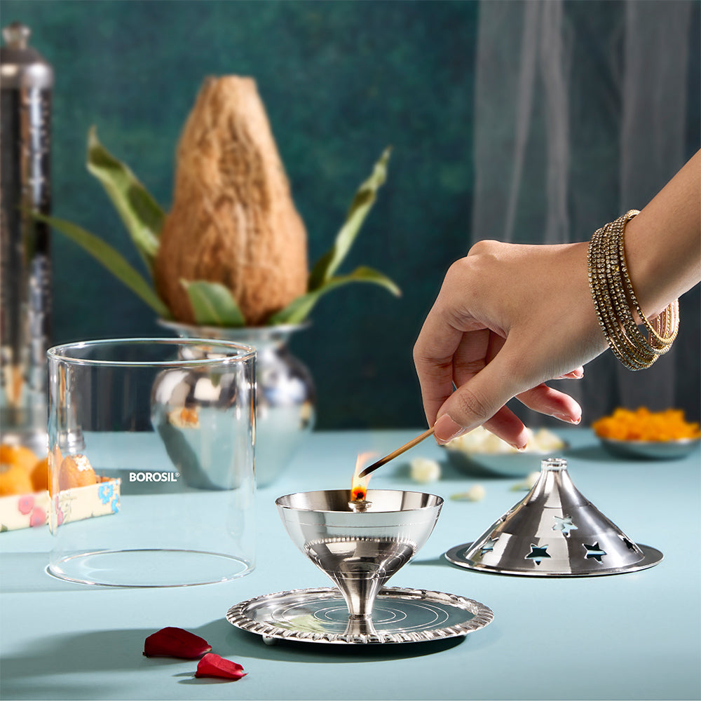 My Borosil Akhand Diya, Nickel, Large | Grocsy