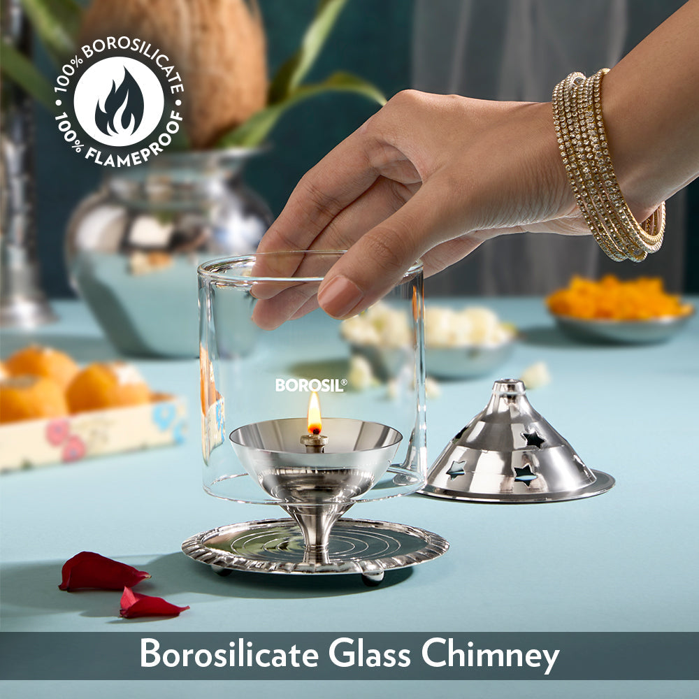 My Borosil Akhand Diya, Nickel, Large | Grocsy