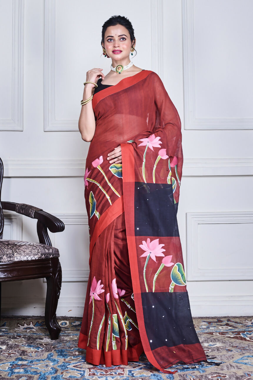 Morchari Multicolour Cotton Handloom Mirror Work Saree Unstitched Blouse | Grocsy