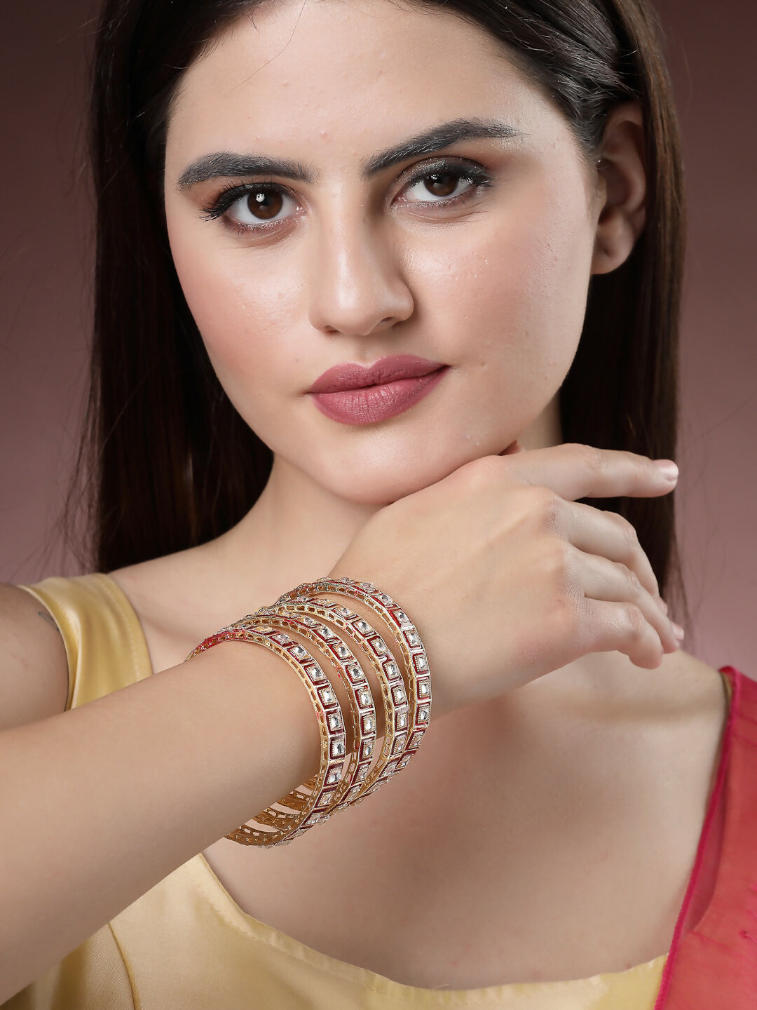 NVR Women's Set Of 4 Gold-Polished Red Kundan-Studded Traditional Bangles | Grocsy
