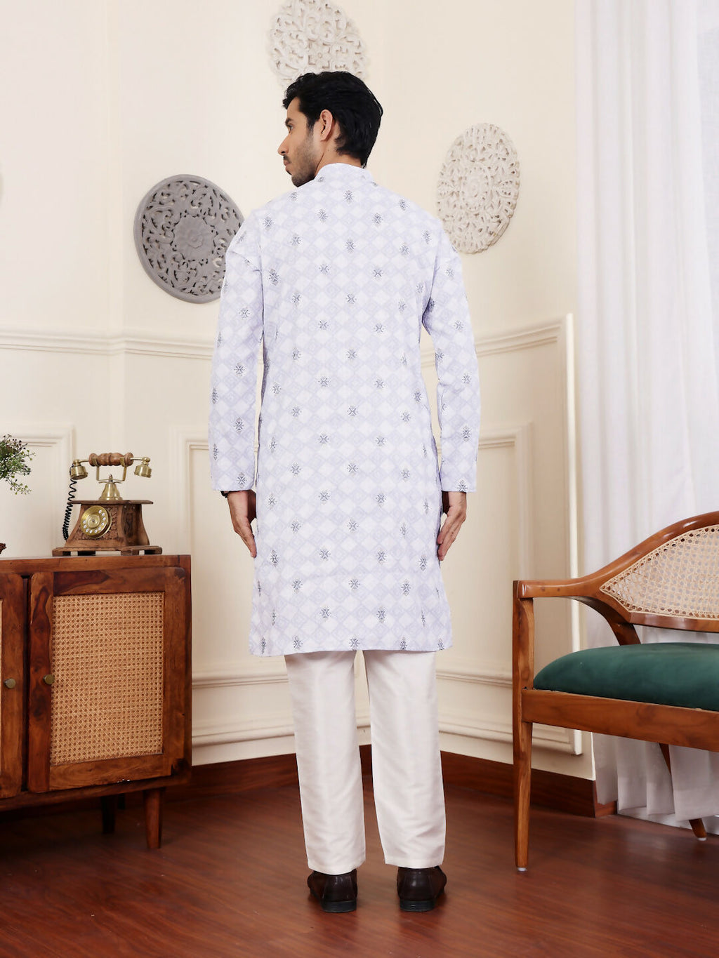 Light Purple Linen Designer Embroidery Work Men's Rajwadi Kurta Set - Mahotsav | Grocsy