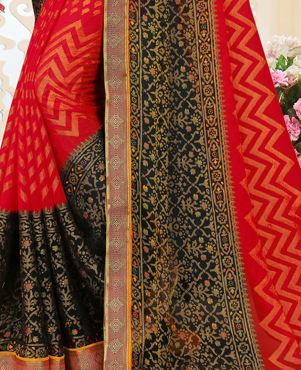 Red & Black Chiffon Brasso Printed Saree With Unstitched Blouse Piece - Jyoti | Grocsy