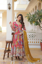 Jyoti Fashion Women's Pink & Yellow Russian Silk Sequins Zari Embroidery Anarkali Dress with Dupatta | Grocsy