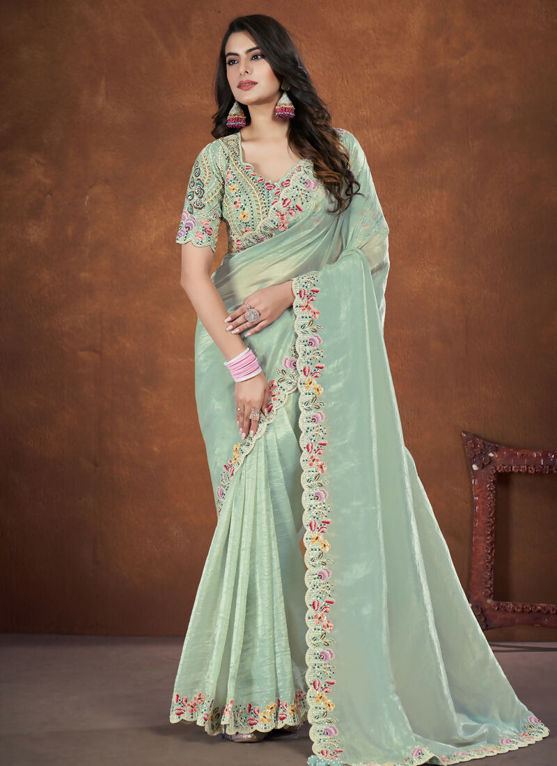 Sea Green Banarsi Crush Silk Embroidered Saree with stitched Blouse - Mohmanthan Saha Saki | Grocsy