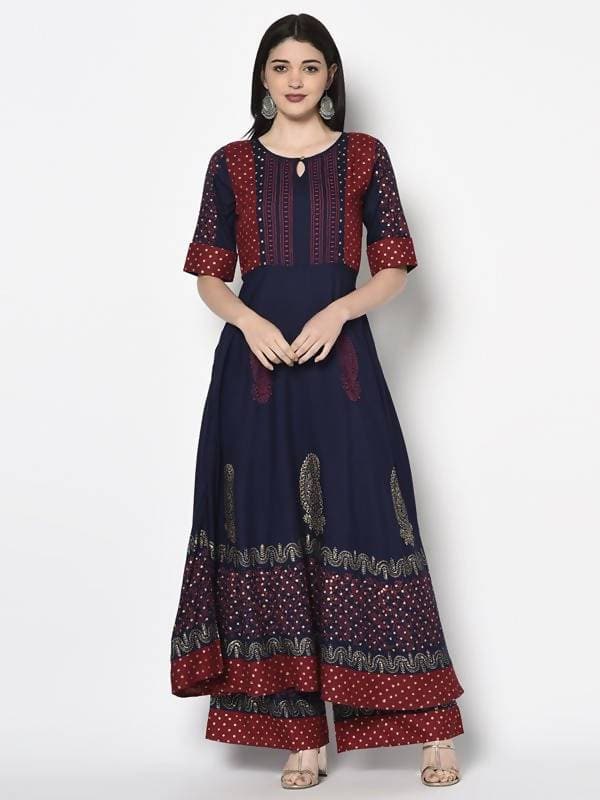 Aniyah Rayon Navy Blue Color Block Print Anarkali kurta (AN-177K) | Grocsy