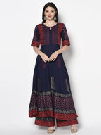 Aniyah Rayon Navy Blue Color Block Print Anarkali kurta (AN-177K) | Grocsy