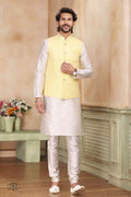 Raivat Ethnic Jacquard Banarasi Silk Woven Work 3 Pics Jacket Set In Yellow Colour | Grocsy
