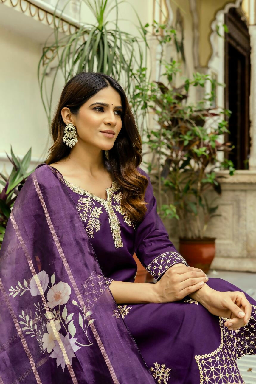 The52 Wine Women's Beautiful Viscose Chanderi Fabric Thread Work Straight Kurta Pant and Dupatta Set | Grocsy