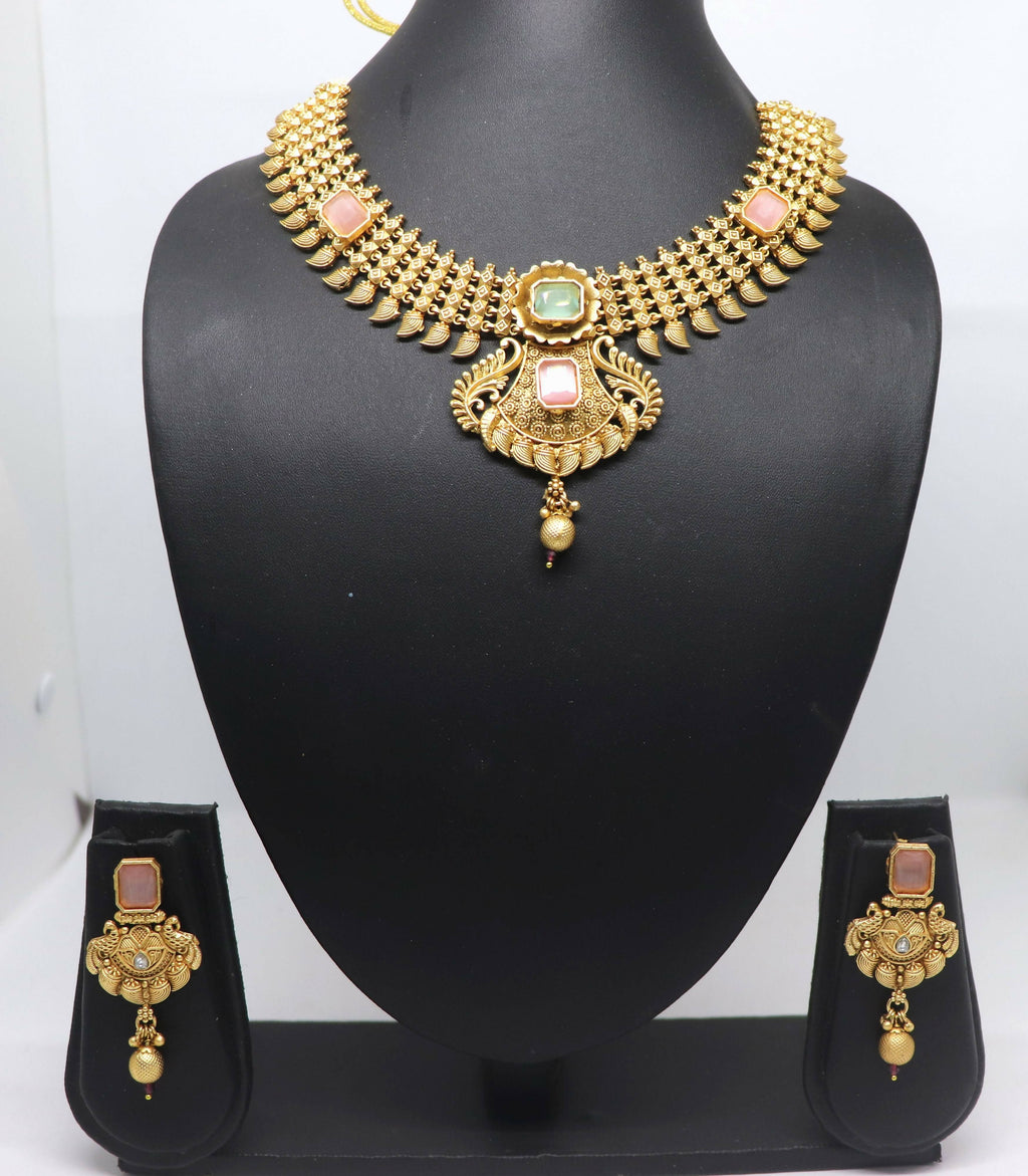 Joban Fashion Peach&Green Stone Pure Brass With Rajwadi Polish Necklace Set | Grocsy