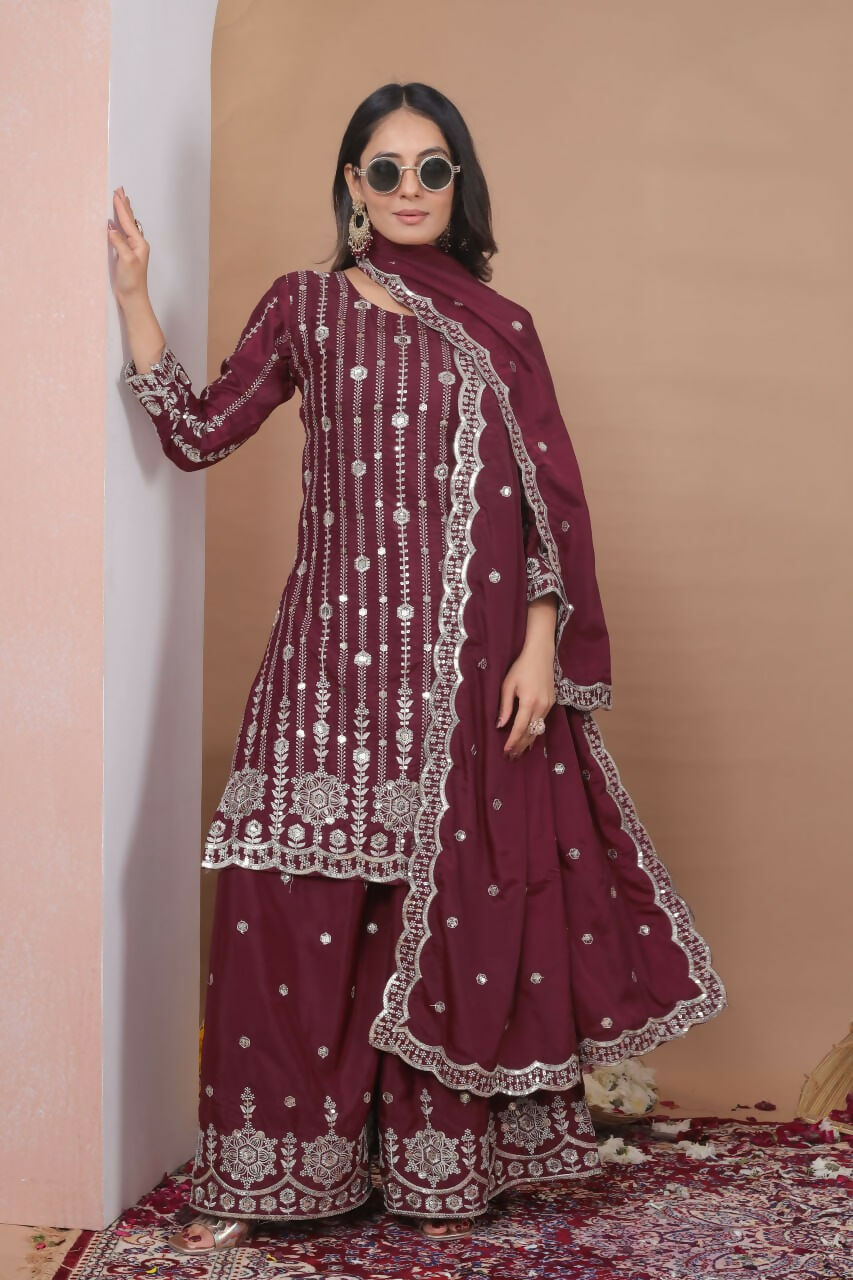 Teeya Creation Maroon Color Natural Crepe Silk Wedding Wear Trending Salwar Suit | Grocsy