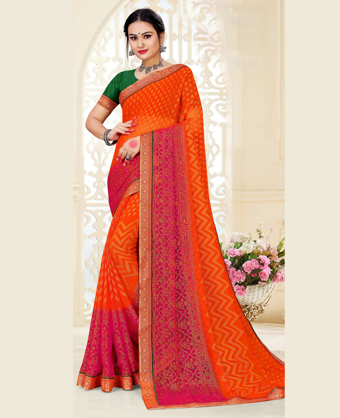 Orange & Pink Chiffon Brasso Printed Saree With Unstitched Blouse Piece - Jyoti | Grocsy