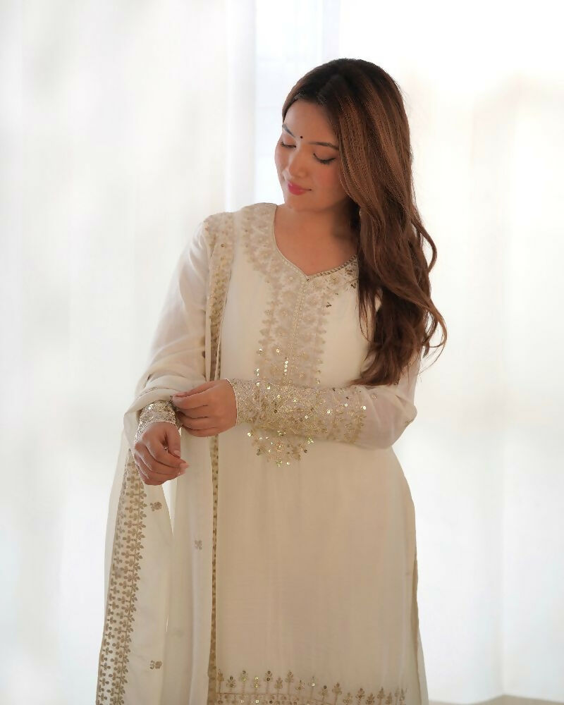 Joban Fashion White Kurta Set Silk Sequence Embroidery Work | Grocsy