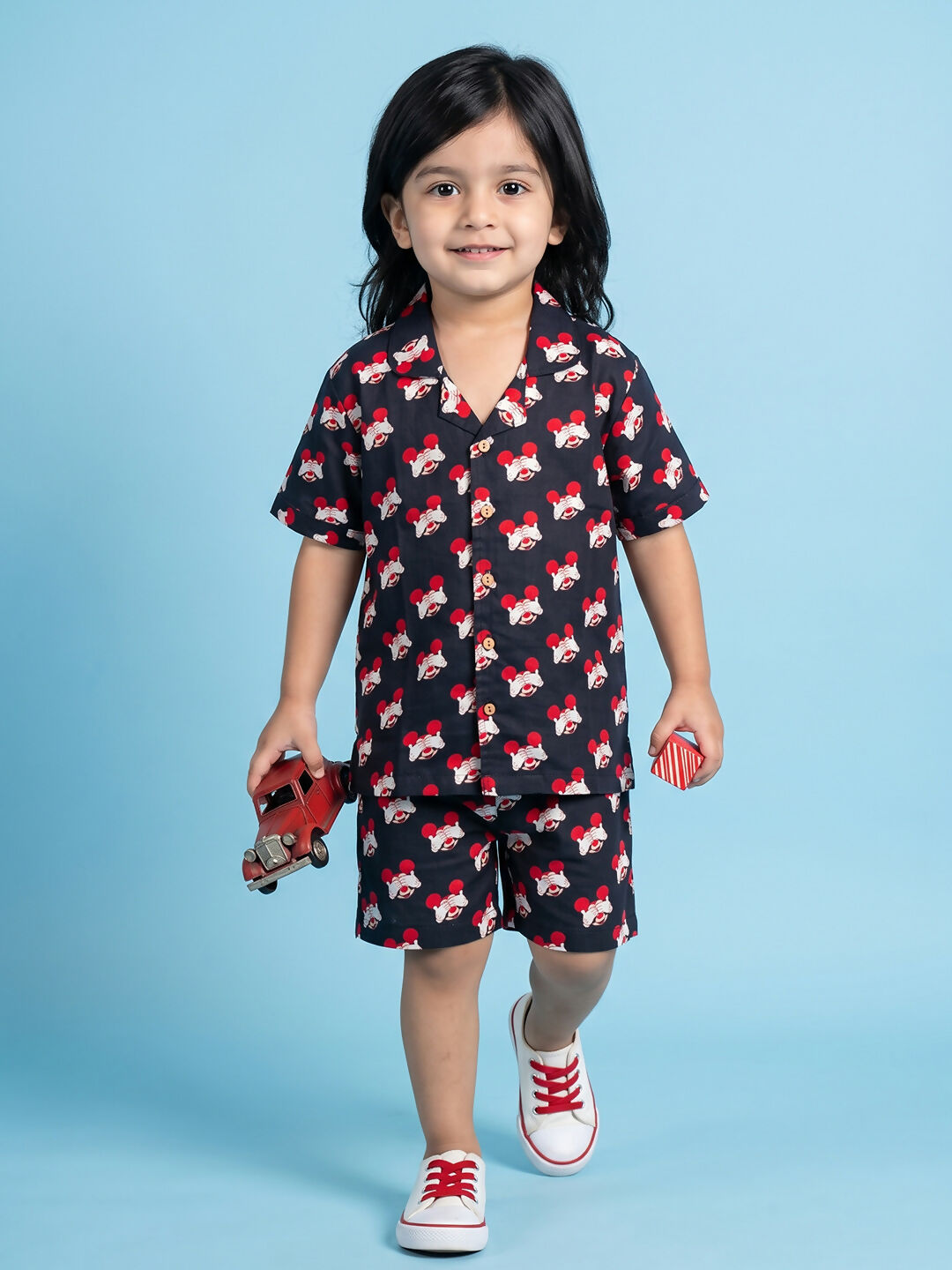 Breathables Woven Cotton Half Sleeves Mickey Mouse Shirt & Shorts Black | Grocsy