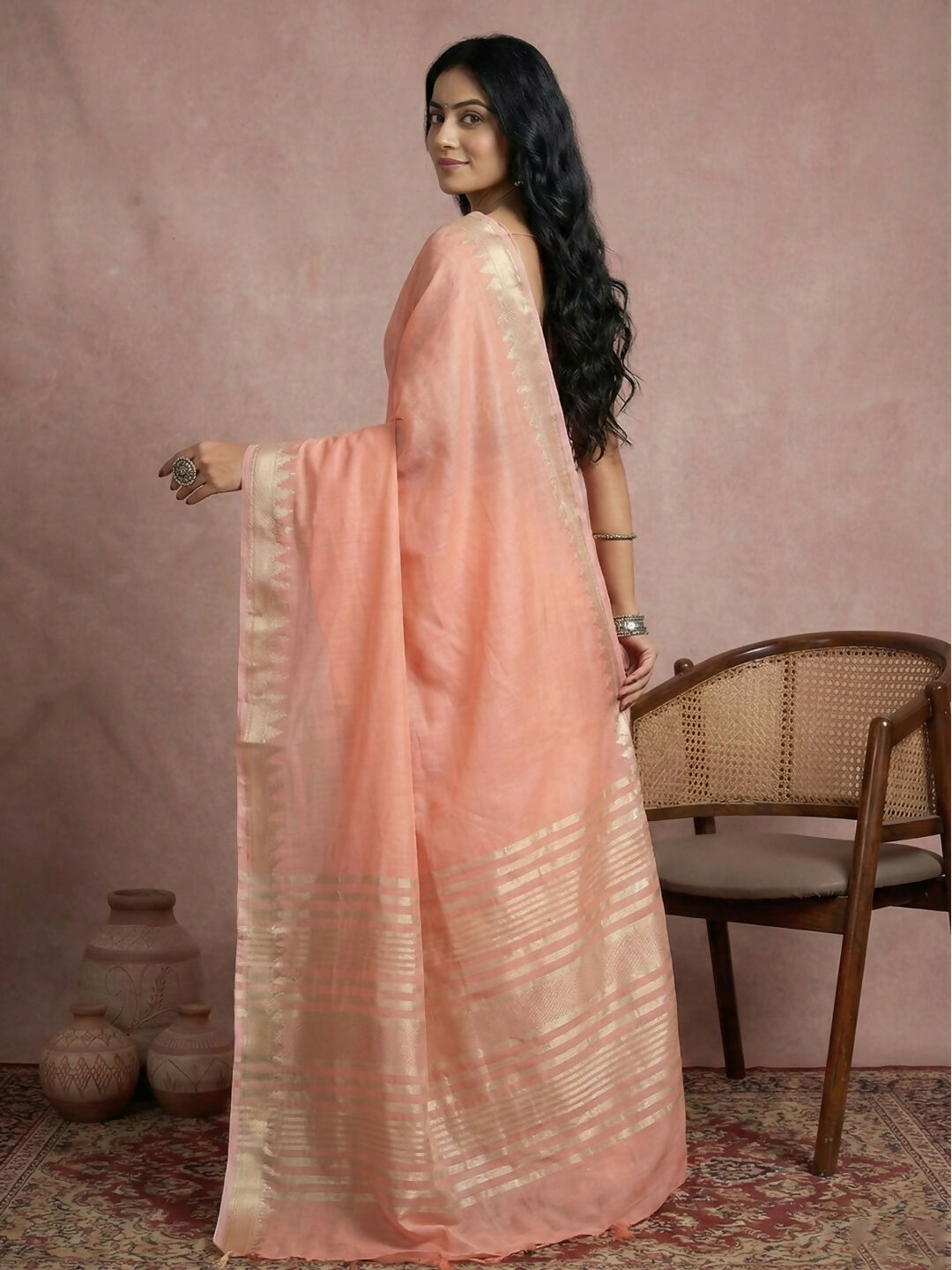 Shree Shyam Fashion Peach Cotton Saree | Grocsy