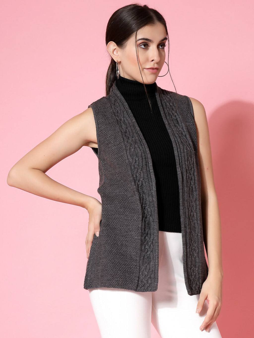 Women Charcoal Acrylic Self Design Winter Cardigan - Wool Trees | Grocsy