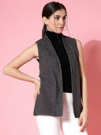 Women Charcoal Acrylic Self Design Winter Cardigan - Wool Trees | Grocsy