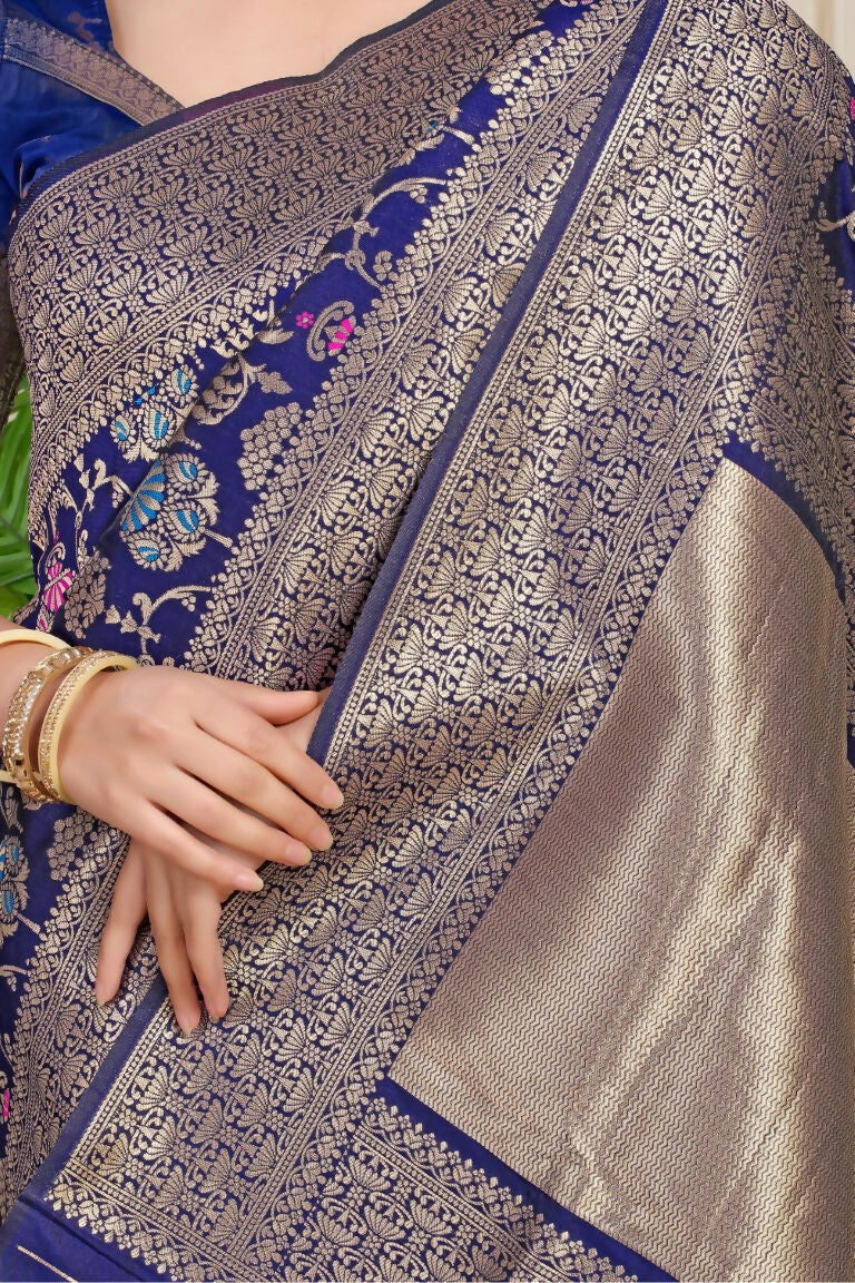 Jyoti Fashion Women's Navy Blue Kanjivaram Silk Zari Woven Saree with Blouse | Grocsy