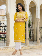 Kaajh Women's Mustard Chikhankari Embroidered Kurta Pant Set | Grocsy
