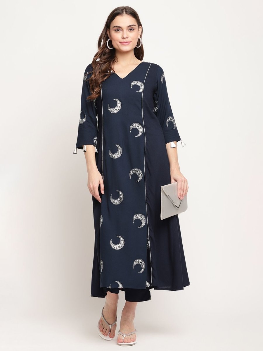 Ahalyaa Women's Navy Blue Rayon Foil & Khari Print Kurta Trouser Set | Grocsy