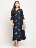 Ahalyaa Women's Navy Blue Rayon Foil & Khari Print Kurta Trouser Set | Grocsy