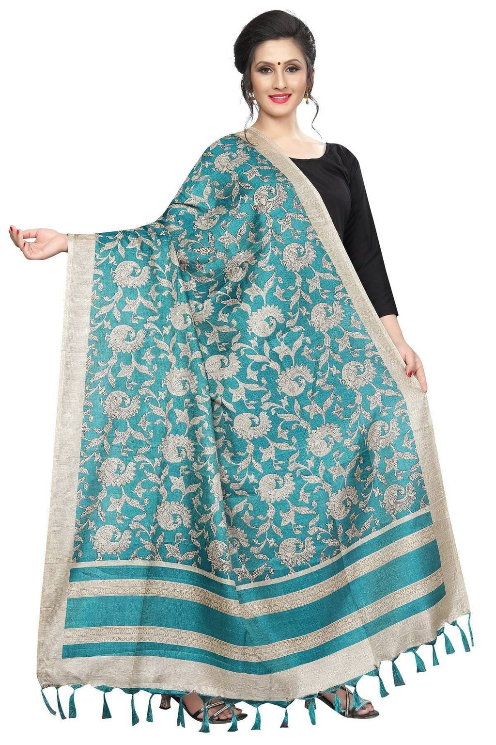 Vamika Rama Green Designed Printed Khadi Bhagalpuri Dupatta | Grocsy