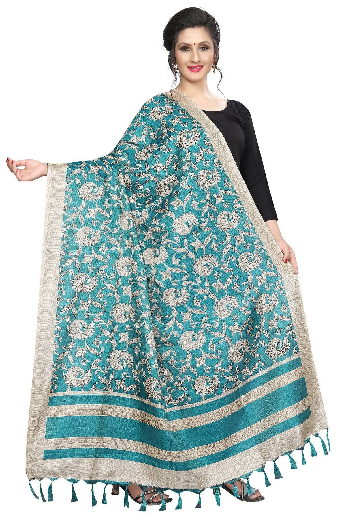 Vamika Rama Green Designed Printed Khadi Bhagalpuri Dupatta | Grocsy