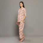 Breathables Women Cotton Printed Loungewear Kurta And Pants Co-Ord Set Peach I Night Wear | Floral Print | Grocsy