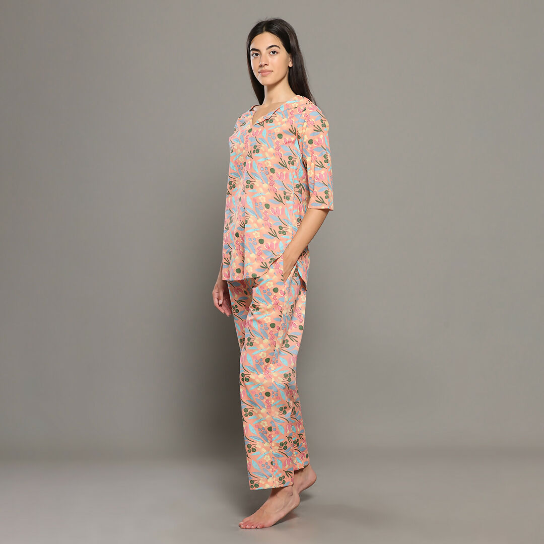 Breathables Women Cotton Printed Loungewear Kurta And Pants Co-Ord Set Peach I Night Wear | Floral Print | Grocsy