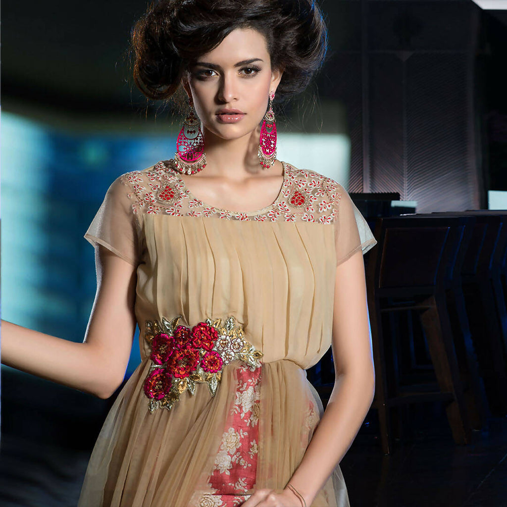 Beige Net Floral Embroidered A-line Kurti - Missy | Grocsy